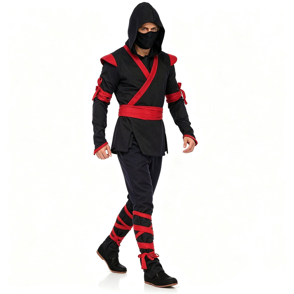 Men Ninja Costume Outfit, Complete Black‑Red Ninja Hooded Suit with Face Mask for Adult, Halloween Cosplay Theme Party Fancy Dress for Men