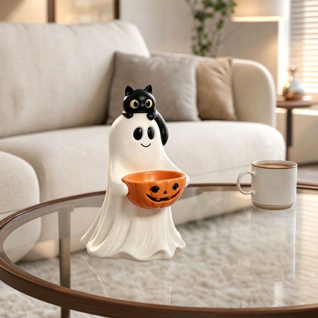 13.7" Halloween Ghost Figurine with Pumpkin Candy Bowl, Indoor Outdoor Safe Ghost Statue for Porch Yard Garden Decoration, Freestanding Halloween Porch Decor