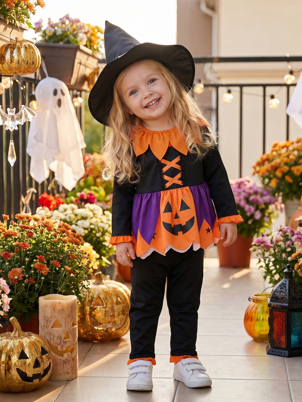 RUINIXCW Toddler Baby Girl Halloween Witches Costume Kids Pumpkin Costume Infant Girl Fall Cosplay Outfit Long Sleeve Collar Babydoll Shirt and Pants Hat Set