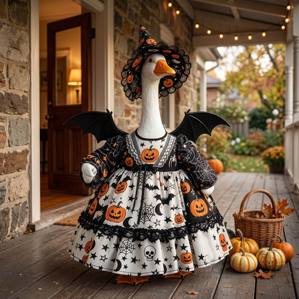 Thanksgiving Harvest Outfit for 23" Porch Goose, Goose Fall Theme Dress in White&Orange with Headwear Fall Harvest Decor for 23" Goose Outdoor Patio Yard Lawn Decoration
