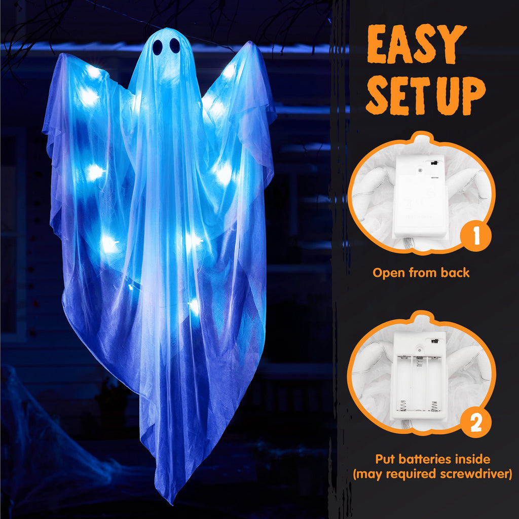 Joyfy 47inch Halloween Decorations Outdoor Hanging Ghost,Light up White Ghosts with Spooky Warm White LED Light,Halloween Outdoor Yard Porch Decorations,Haunted House Decorations