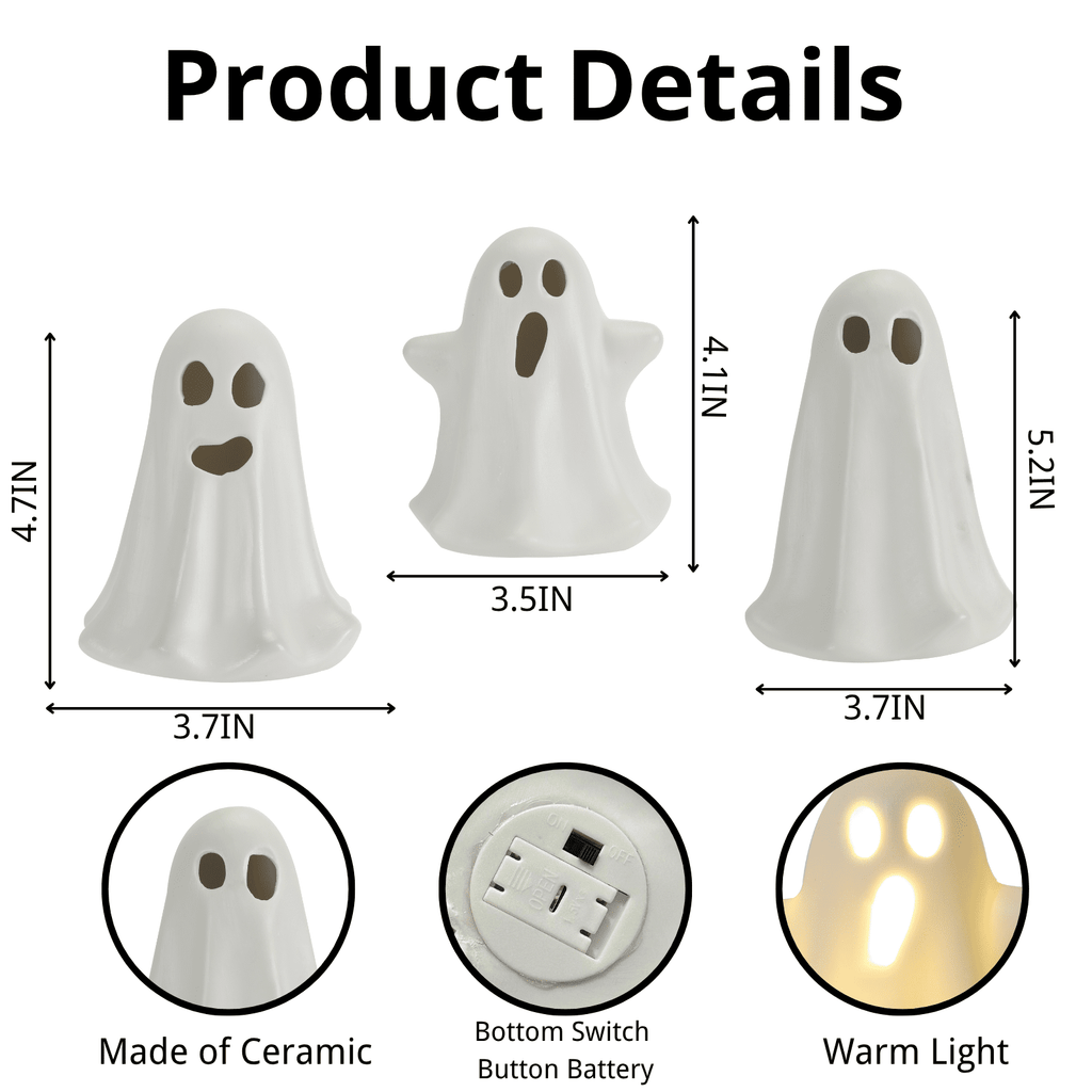 3 Pack Halloween Ceramic Ghost Decor, Cute Halloween Ghost with LED Lights, Small Ghost Spooky Figurines for Halloween Tabletop Centerpieces Fireplace Indoor Decoration