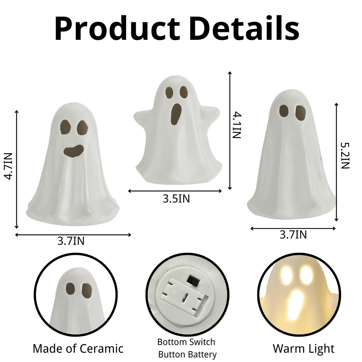 3 Pack Halloween Ceramic Ghost Decor, Cute Halloween Ghost with LED Lights, Small Ghost Spooky Figurines for Halloween Tabletop Centerpieces Fireplace Indoor Decoration
