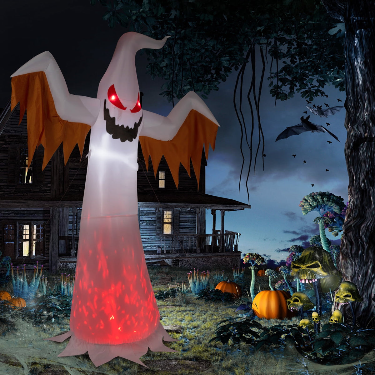 Ktaxon 12' Halloween Inflatables Outdoor Halloween Ghost Decoration with 4 LED Lights Blow up Ghost Flashing Flame