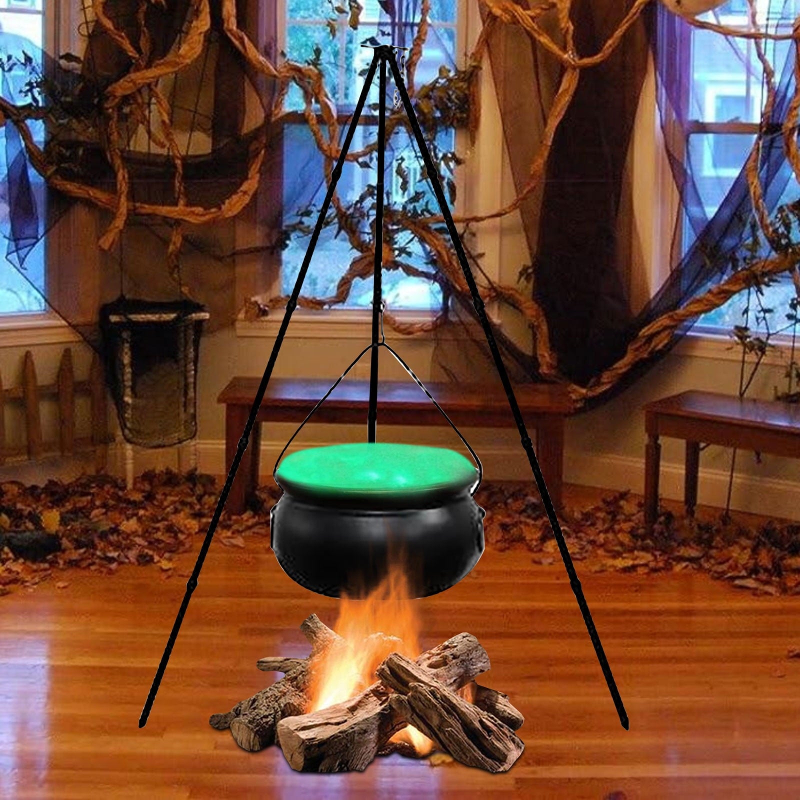 Large Halloween Witches Cauldron with Lights Black Plastic Bowl Outdoor Decor,Halloween Party Decorations,Large Witches Cauldron on Tripod with Lights,for Patio Garden Lawn Decor