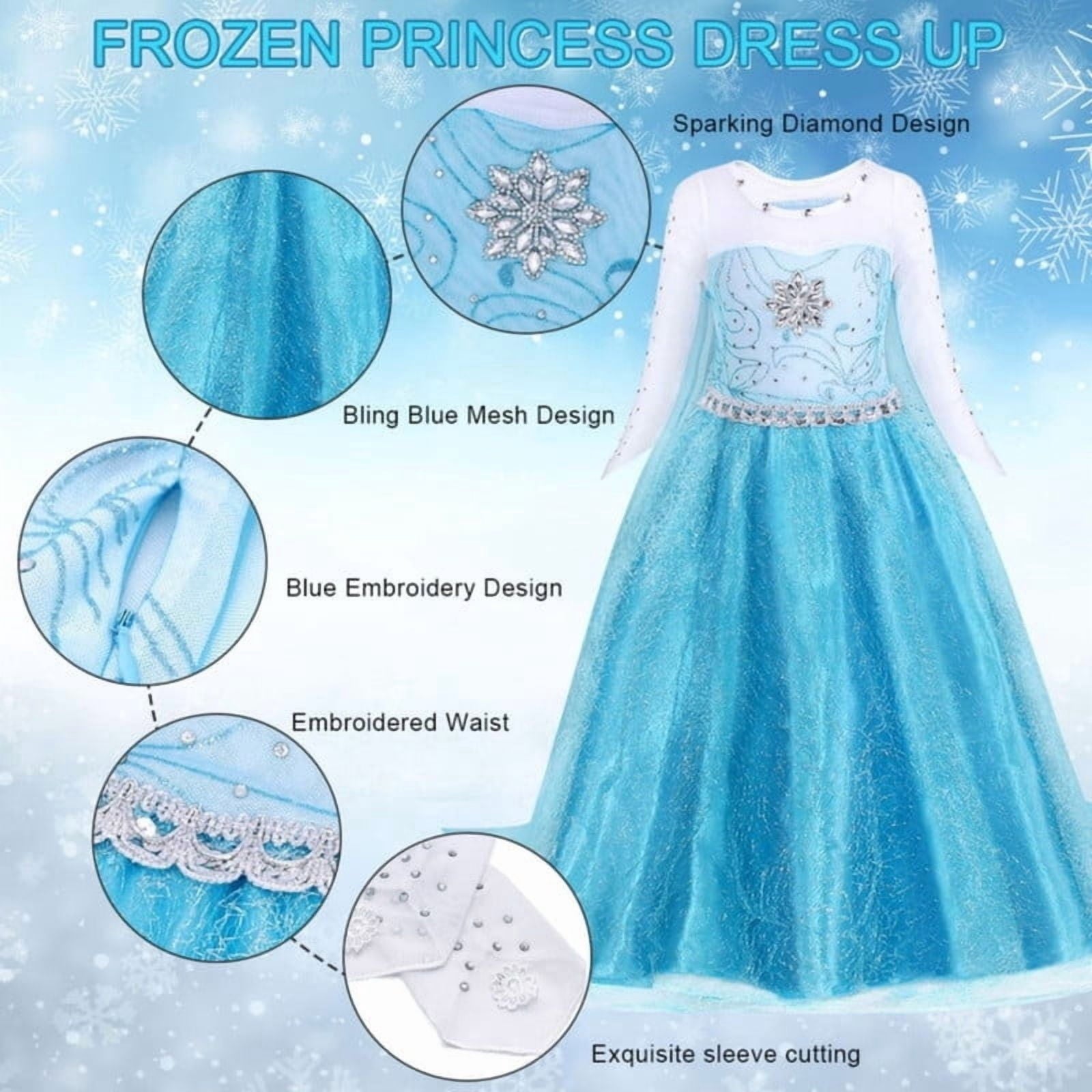 Jurebecia Princess Dress for Girls Birthday Party Blue Costume up Toddlers Kids Christmas Halloween Cosplay Clothes with Accessories 6T(5-6Years)