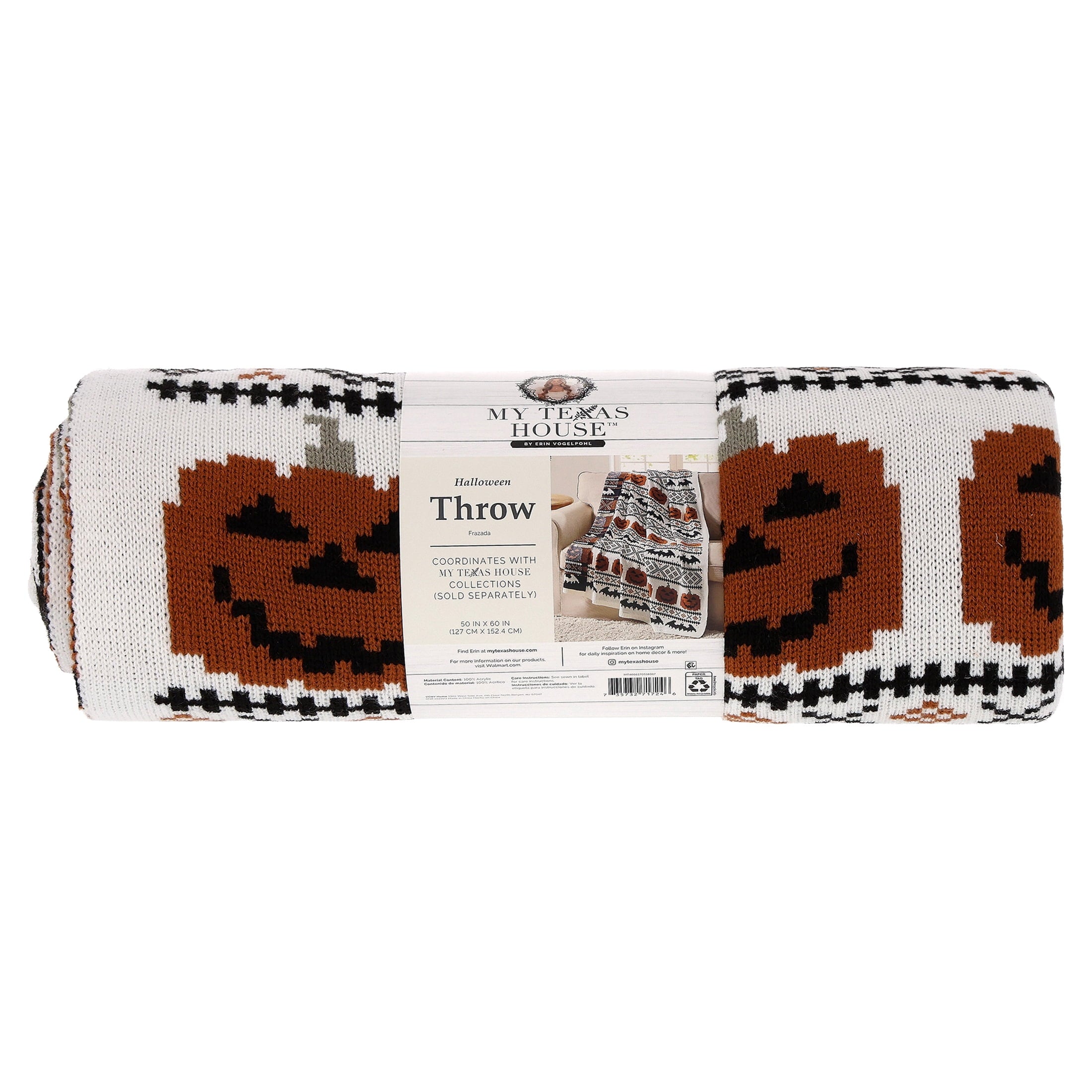 My Texas House Halloween Pumpkins and Bats Cotton Knit Throw, Multicolor, 50" x 60"