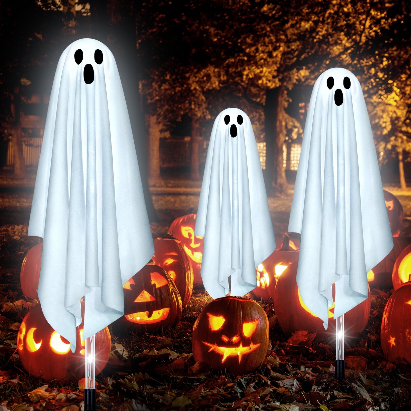 Qoosea Halloween Decorations Outdoor, 6 pack Light up Spooky Ghosts with 8 Modes LED Light - Scary Standing Ghosts Decor for Front Door Porch Yard Home Party