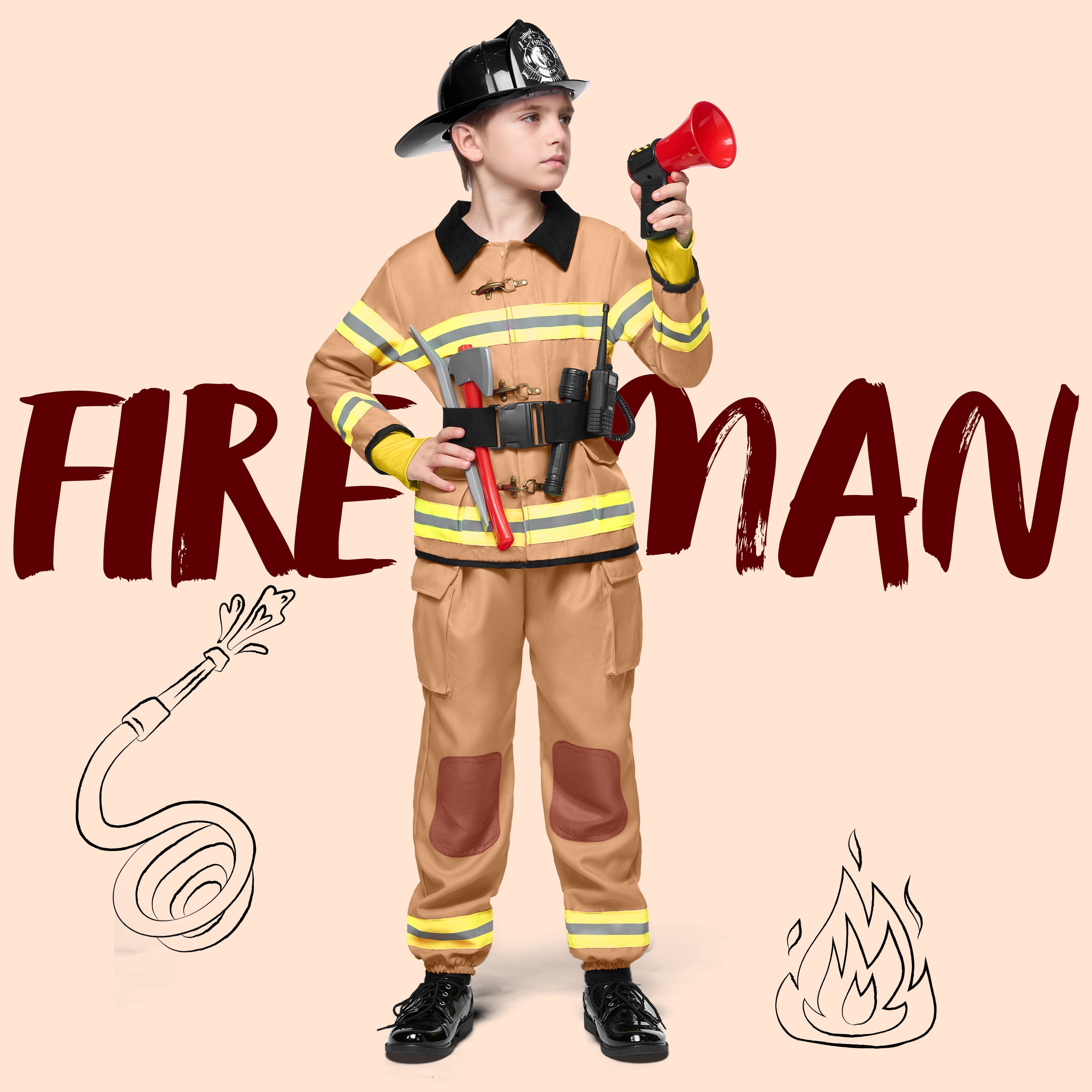 Joyfy Halloween Kids Fireman Costume, Firefighter Costume for Boys Toddler Halloween Party Dress Up 3-7 Years