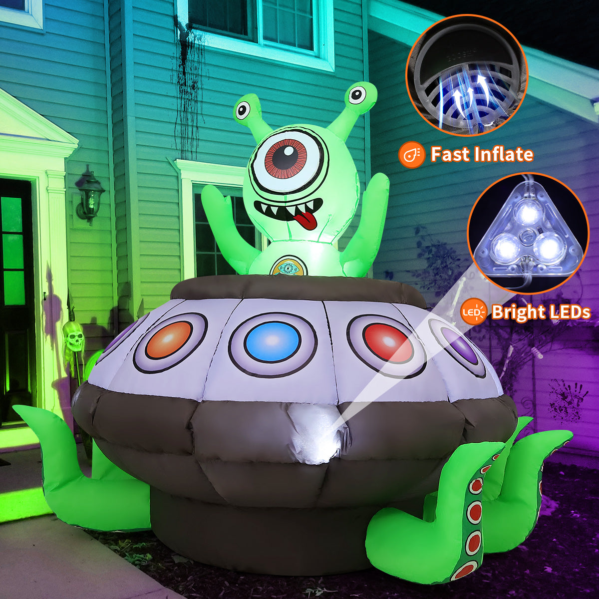 GOOSH Halloween Inflatables 5.2 FT Animated Alien Spaceship Inflatable, Blow up Alien Spaceship with Built-in LED Lights, Outdoor Halloween Decorations for Halloween Holiday Party Indoor Outdoor