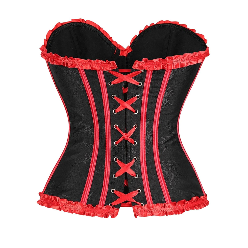 JOANKDMI Women's Chic Gothic Steampunk Corset Top with Ribbon Tie and Ruffle Trim Elegant Bustier for Pirate Roleplay and Vampire Halloween Dress Up Outfit