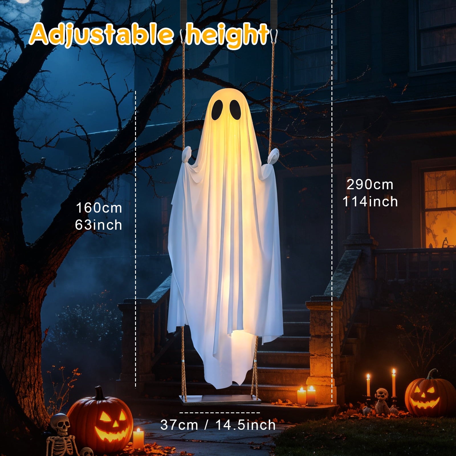 Ninonly Halloween Decorations Outdoor,5 Ft Large Hanging Swing Ghost Halloween Decor with String Lights, Spooky Cute Ghosts Decorations for Front Yard Tree