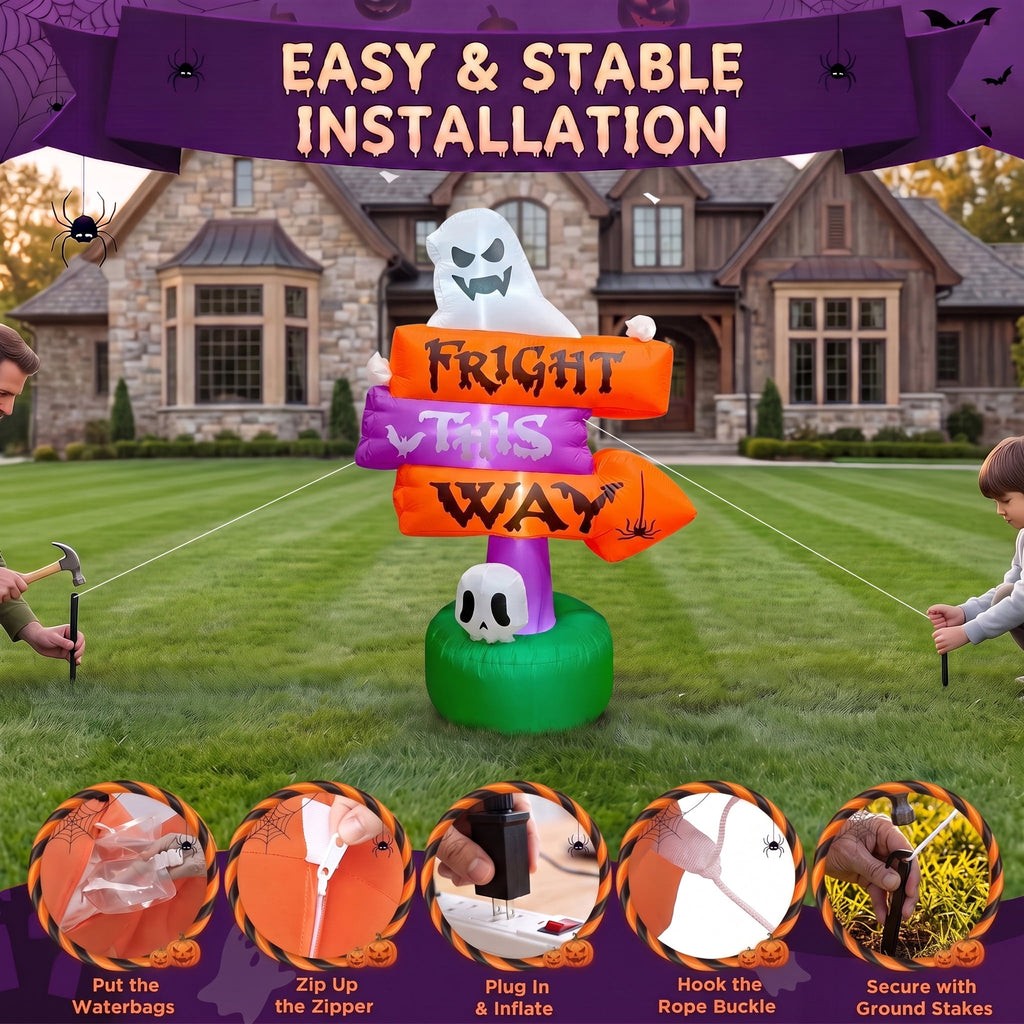 Glazina 7 FT Halloween Inflatable Ghost Signpost with Skull Spider, Built-In LED Lights, Outdoor Halloween Blow Up Yard Decoration