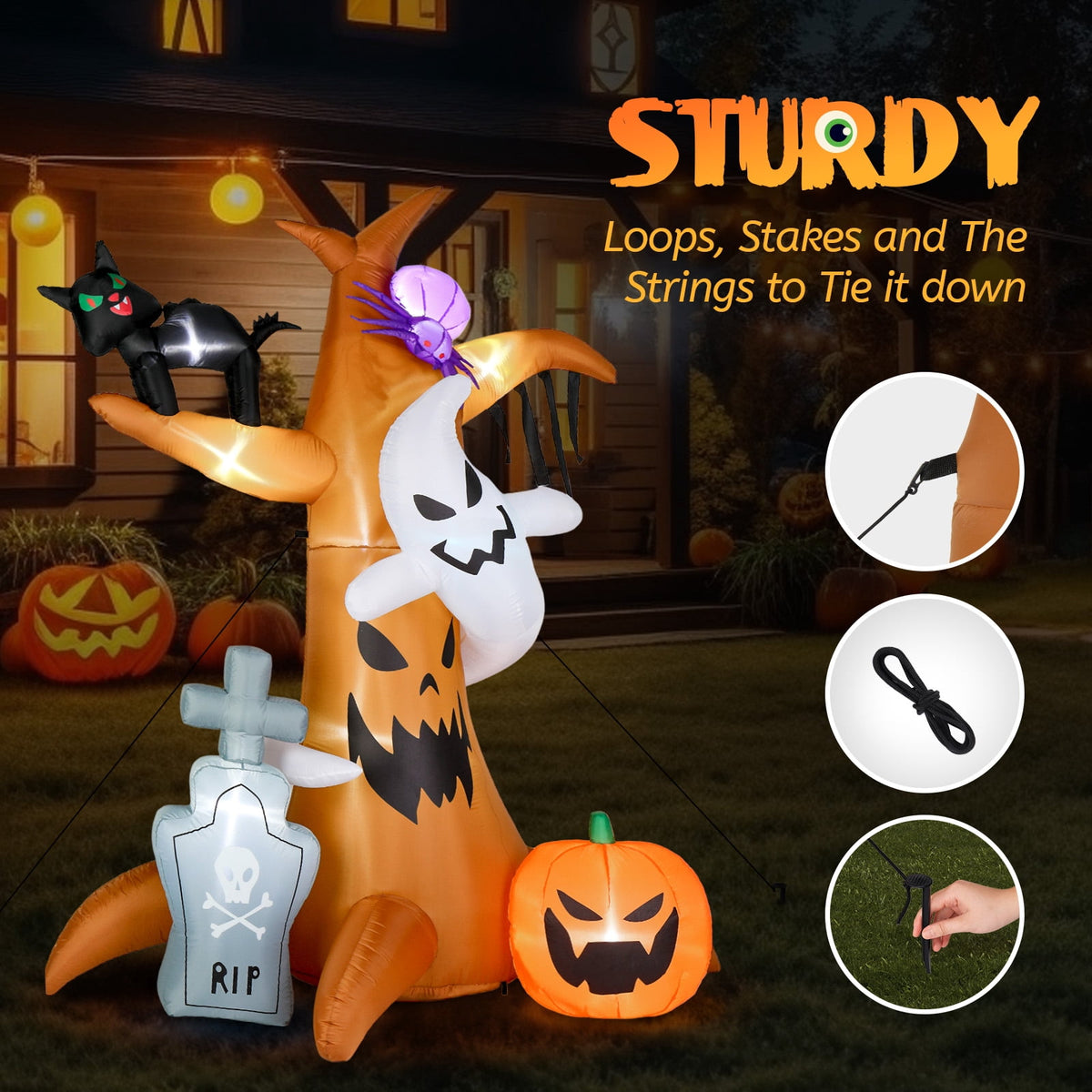 UBesGoo Inflateble Halloween Decoration 8FT Tree w/ Tombstone Pumpkin Ghost and Cat
