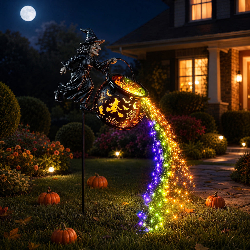 Halloween Witch Cauldron Garden Stake Lights, 2.7Ft LED Color Waterfall-Style Light Flow Flying Witch Garden Stake, Waterproof Weather Resistant Projector Lights for Outdoor Yard, Lawn, Pathway