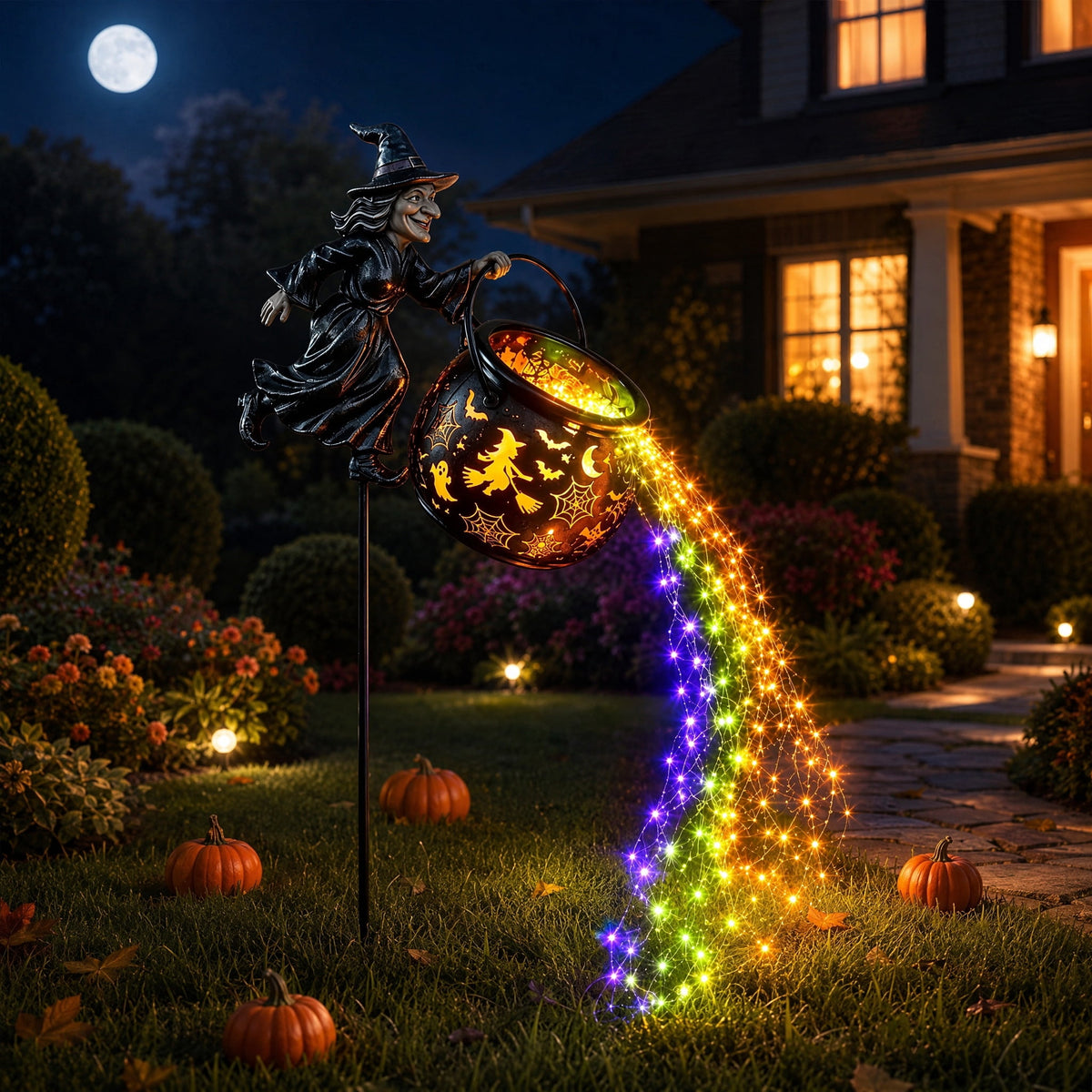 Halloween Witch Cauldron Garden Stake Lights, 2.7Ft LED Color Waterfall-Style Light Flow Flying Witch Garden Stake, Waterproof Weather Resistant Projector Lights for Outdoor Yard, Lawn, Pathway