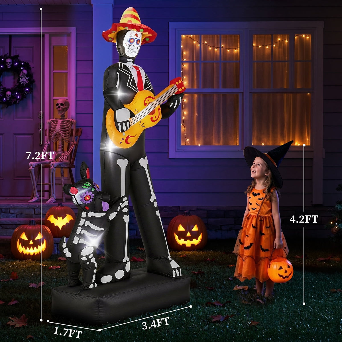 Ktaxon 7' Halloween Inflatables Skeleton Outdoor Halloween Decoration Skeleton with Dog,Built-In LED Lights