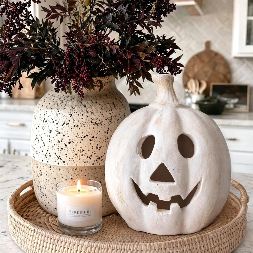 Fall Decor - Halloween Decorations - 5.9"H White Handmade Resin Pumpkin Jack O' Lantern with Flameless Candle - Outdoor Indoor Autumn Decoration for Table Centerpieces Porch Room Front Door