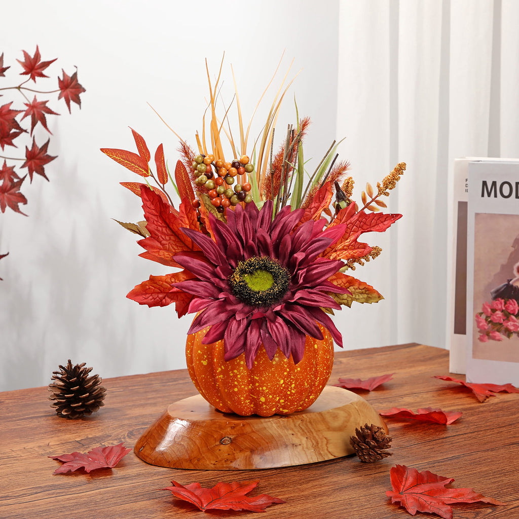 Briful 12.9"Artificial Pumpkin Floral Arrangement with Orange Sunflowers Leaves Fall Table Centerpiece for Harvest Autumn Décor