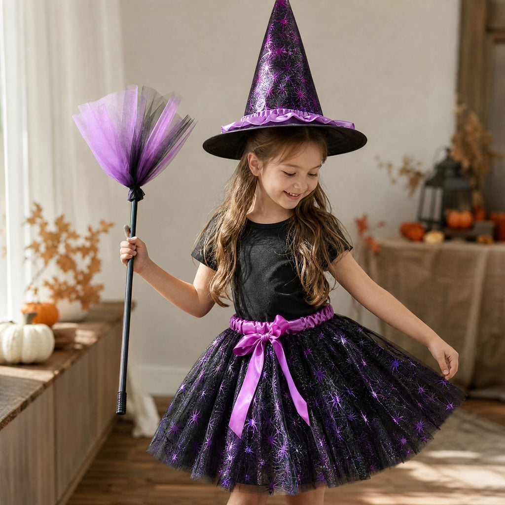 choiix Witch Tutu Skirt and Hat Set with Broomstick Halloween Costume Outfit with Printed Tulle Skirt and Witch Hat Cosplay Outfit for Party 100