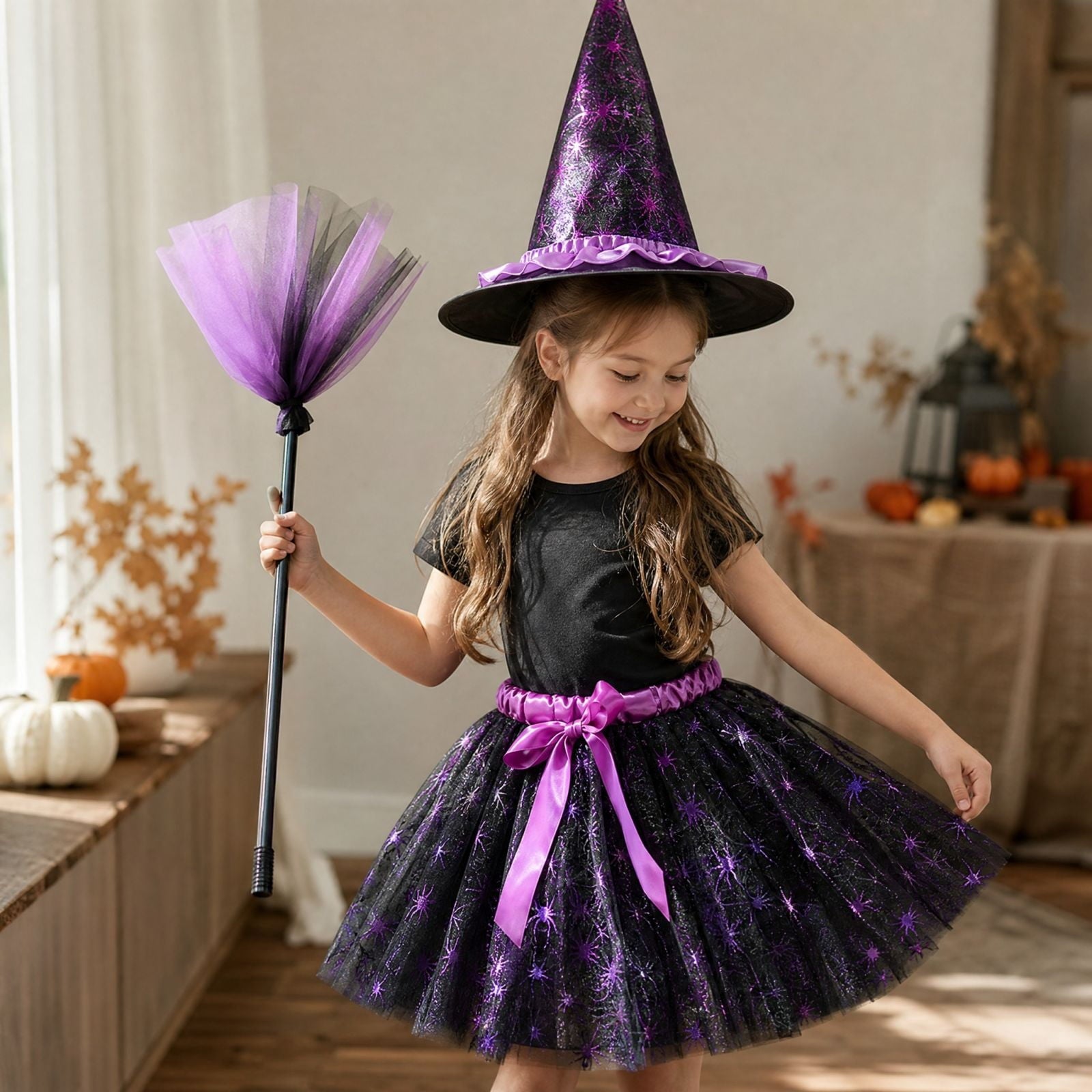 choiix Witch Tutu Skirt and Hat Set with Broomstick Halloween Costume Outfit with Printed Tulle Skirt and Witch Hat Cosplay Outfit for Party 100