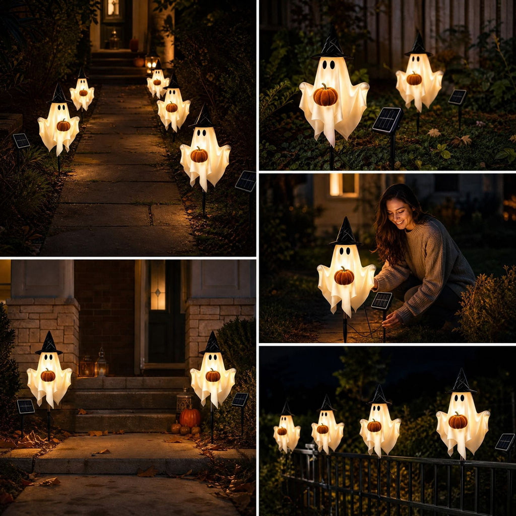 1-Pack Halloween Solar Lights with 8 Lighting Modes - Light Up Ghost Decorations for Outdoor, Witch Hat With Dimensional Pumpkin Halloween Ghost Path Lights