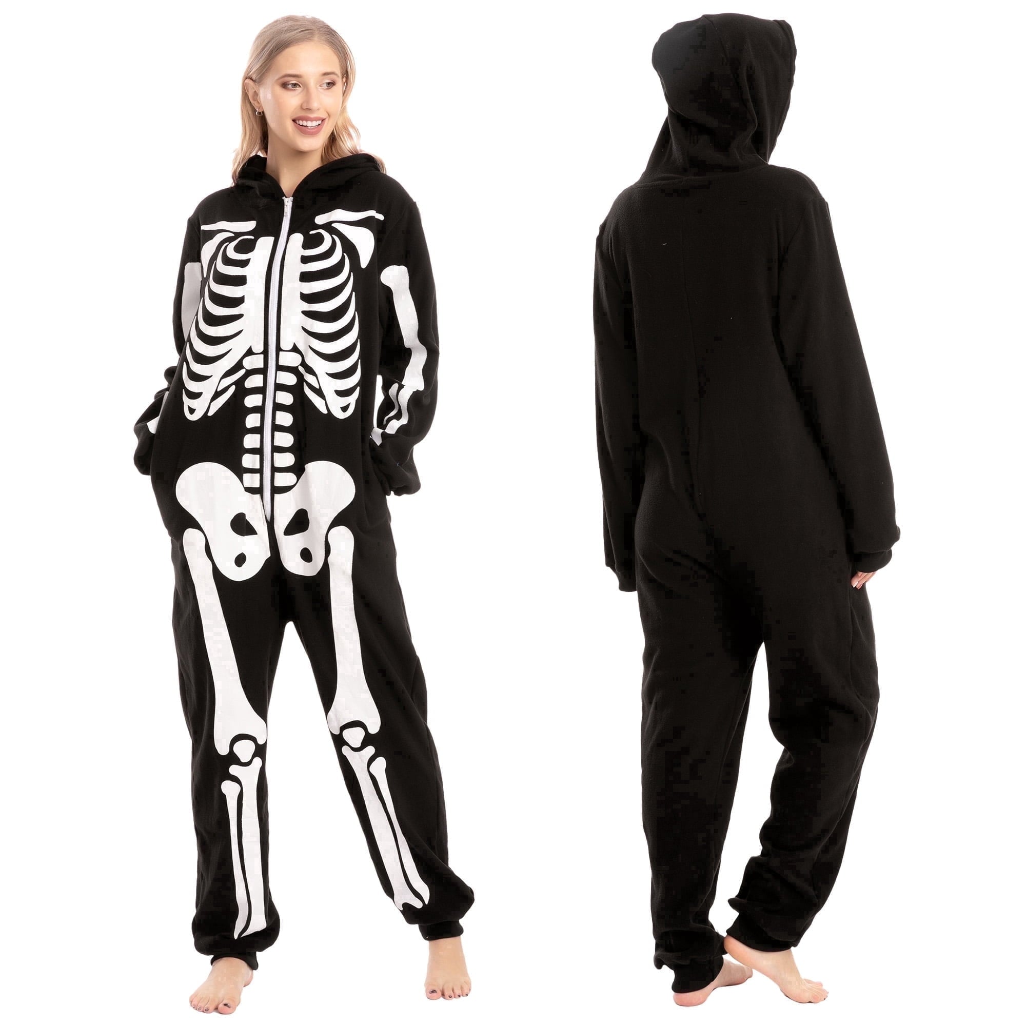 Joyfy Skeleton Costume for Adult Unisex Zip-Up Hooded Jumpsuit Pajama for Halloween Party Cosplay and Themed Events