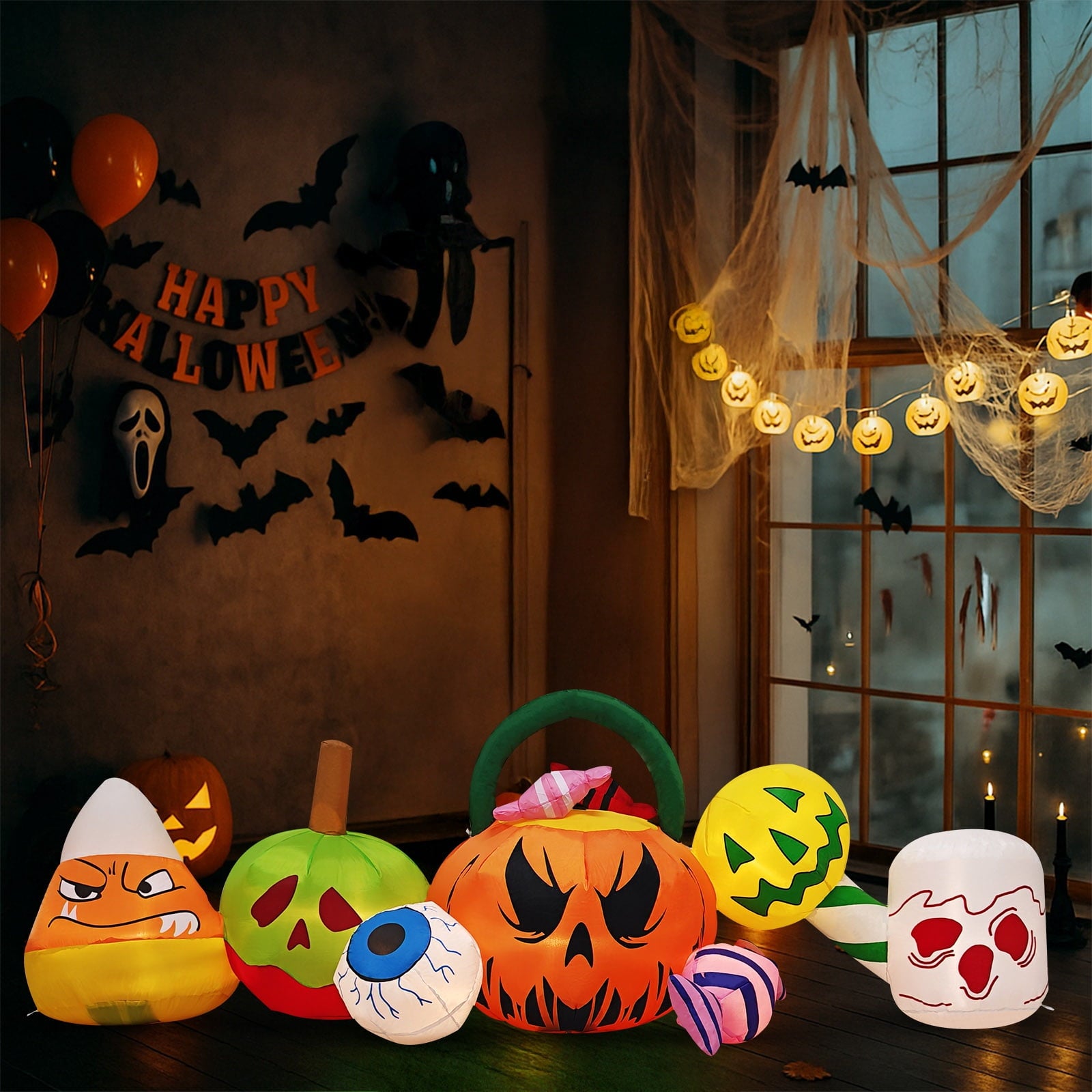 8FT Long Halloween Inflatables Pumpkins Eyeball Candy Outdoor Decorations, Blow Up Yard Decoration with Built-in LEDs Lighted for Lawn Garden Outside Indoor Decor