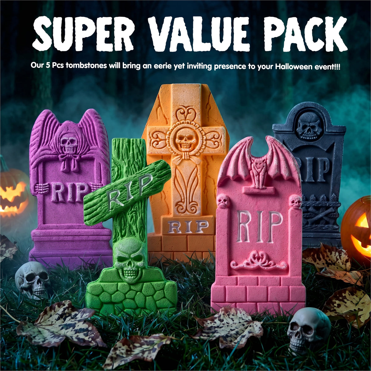 Joyfy 17" Halloween 5 Pack Tombstone Decorations, Foam RIP Graveyard Signs Cemetery Headstones Scary Outdoor Indoor Halloween Decor with 12 Metal Stakes for Easy Set Up, Waterproof for Garden Lawn