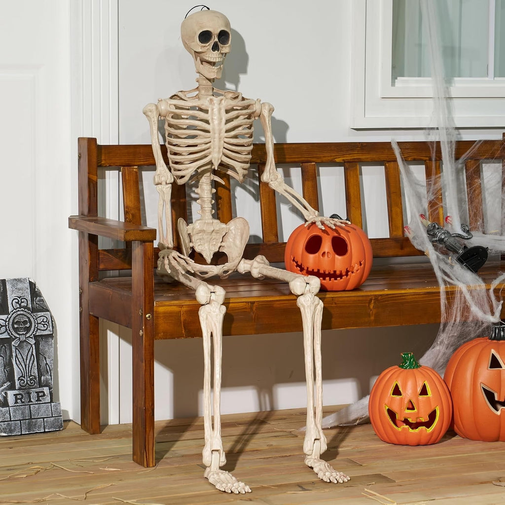 Joyfy 24 Inch Halloween Skeleton Decor with LED Light Eyes,Posable Skeleton Halloween Prop Full Body with Movable Joints for Haunted House Indoor Outdoor Decoration Spooky Decor