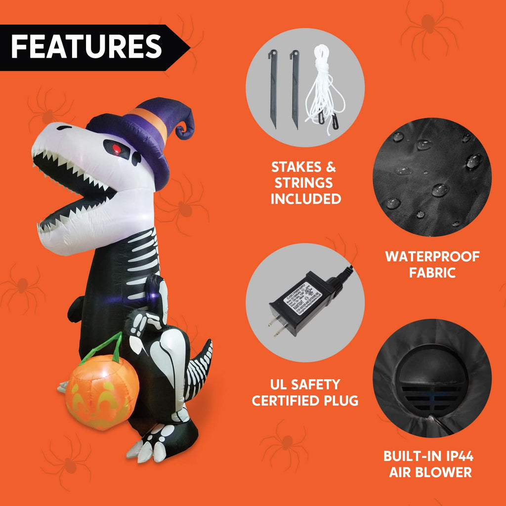 Joyfy 8 FT Halloween Inflatable Skeleton Dinosaur with Build-in LEDs Pumpkin Decorations,Halloween Outdoor Decorations Blow up Yard Decorations