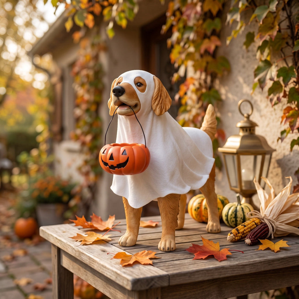 Halloween Ghost Dog Figurine, LED Light Statue, Yard Garden Decor, Treat Bucket Detail and Standing Sturdy Build for Front Porches, Garden Walkways and Tabletop Displays.