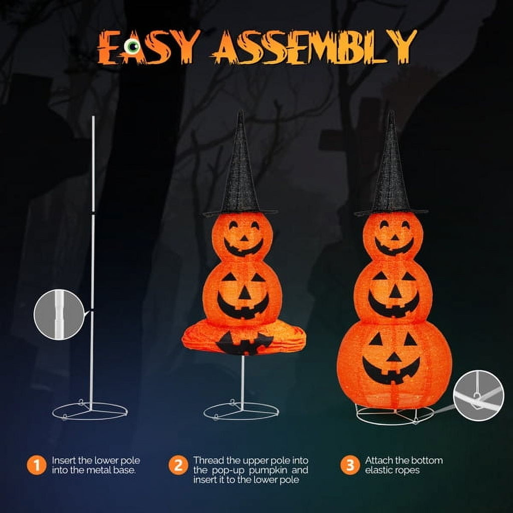 Alvantor 5 ft Lighted 3-Tier Pop-Up Pumpkin Halloween Decoration with Witch Hat and 100 LED Lights, Orange and Black