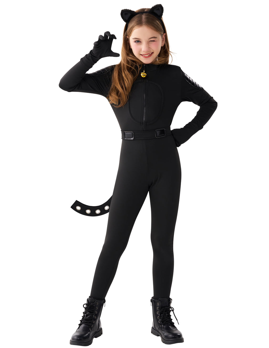 Joyfy Black Cat Costume for Girls, Kids Cat Outfit Set with Tail, Child Black Cat Halloween Costume for Cosplay Party