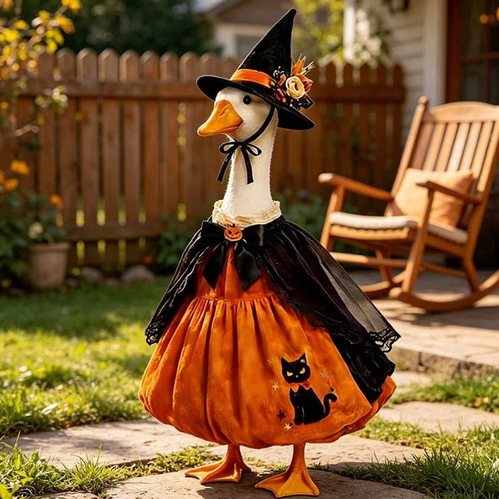 Thanksgiving Harvest Outfit for 23" Porch Goose, Goose Fall Theme Dress in White&Orange with Headwear Fall Harvest Decor for 23" Goose Outdoor Patio Yard Lawn Decoration