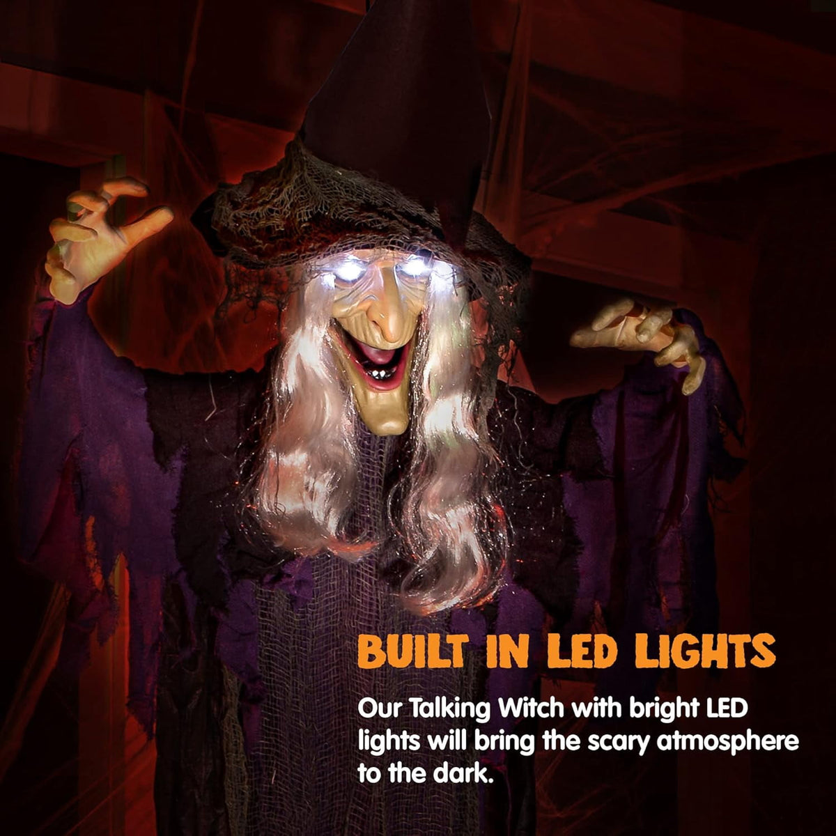 Joyfy 6ft Halloween Witch Decoration,Outdoor Scary Halloween Animatronic Hanging Witch with Light Up Eyes and Sound Decoration for Halloween Outdoor