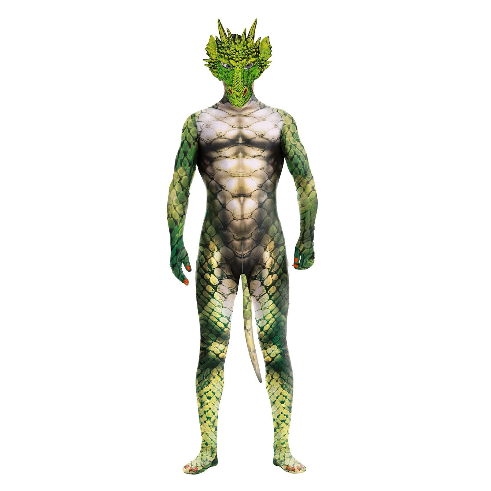 Men's Full Body Dragon Costume Bodysuit with Wings,Mask,Tail,Halloween Dragon Muscle Animal Catsuit Costume