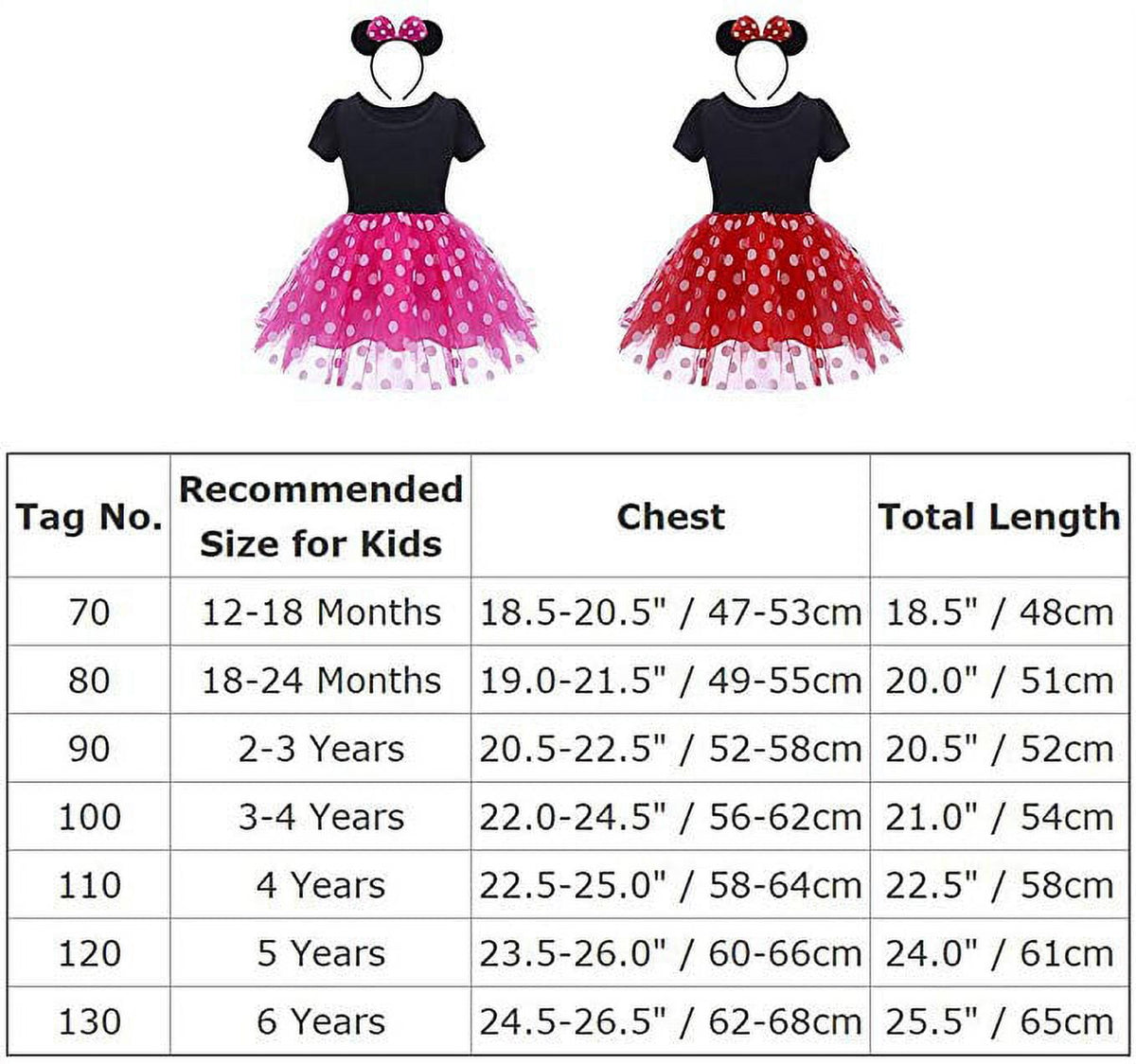 KAWELL Mini Costume for Girls with Mouse Ear Headband, Polka Dot Dress, Child/Toddler, 4-5Y