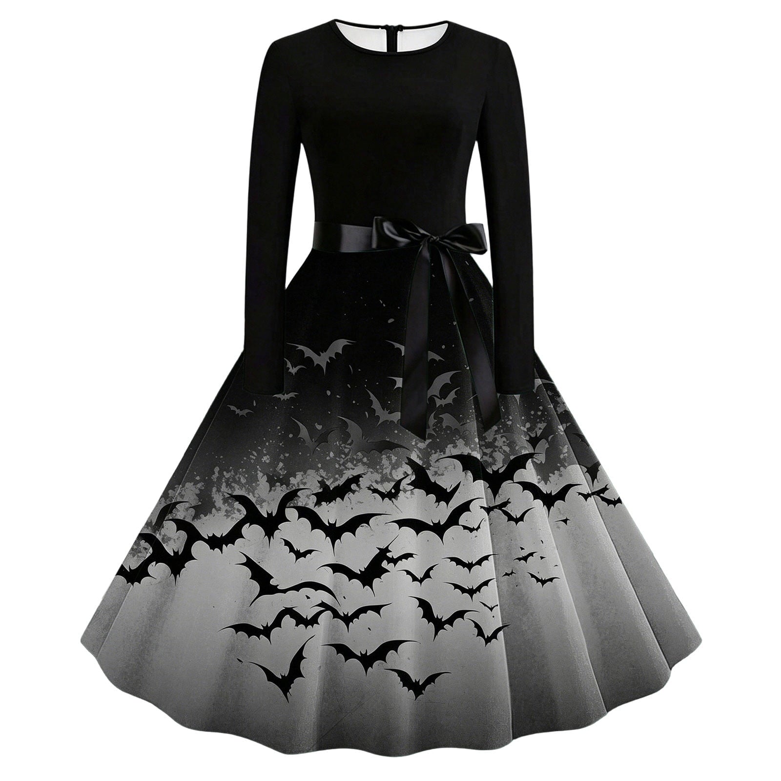 Women's Vintage Halloween Bat Print Swing Dress Long Sleeve 1950s Retro A-Line Midi Dresses with Satin Sash Belt for Gothic Cosplay Evening Prom Party
