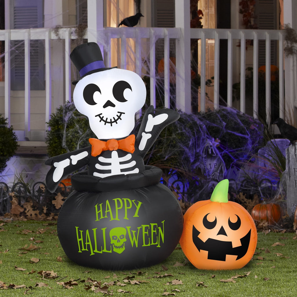 Gemmy Halloween Inflatable Skeleton in Cauldron, 4 ft Tall, Multi