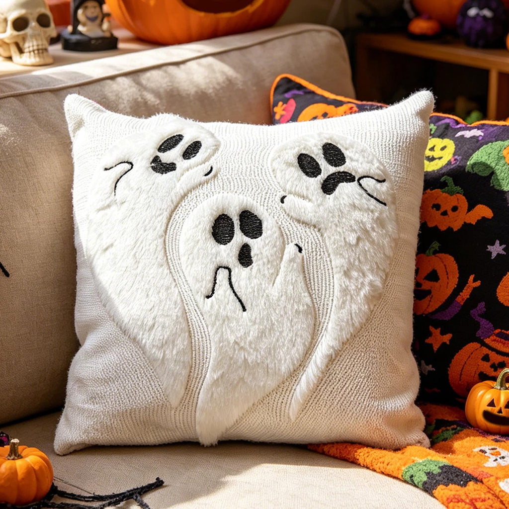 Yeciiwht Halloween Throw Pillow Cover – 18*18inch Embroidered Linen Cushion Case with Ghost, Mummy & Bat Designs, Invisible Zipper, Machine Washable