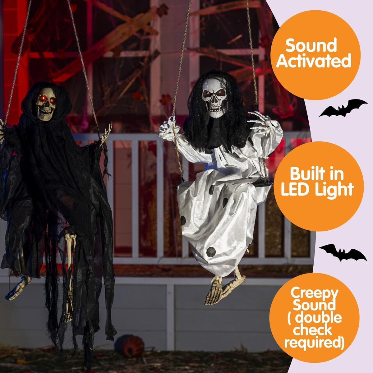 Joyfy 2 Packs Halloween Decorations Outdoor Hanging Swinging Skeleton Ghosts,3 ft Light Up Creepy Grim Reaper Decorations for Halloween Hanging Decorations Indoor Outdoor Yard