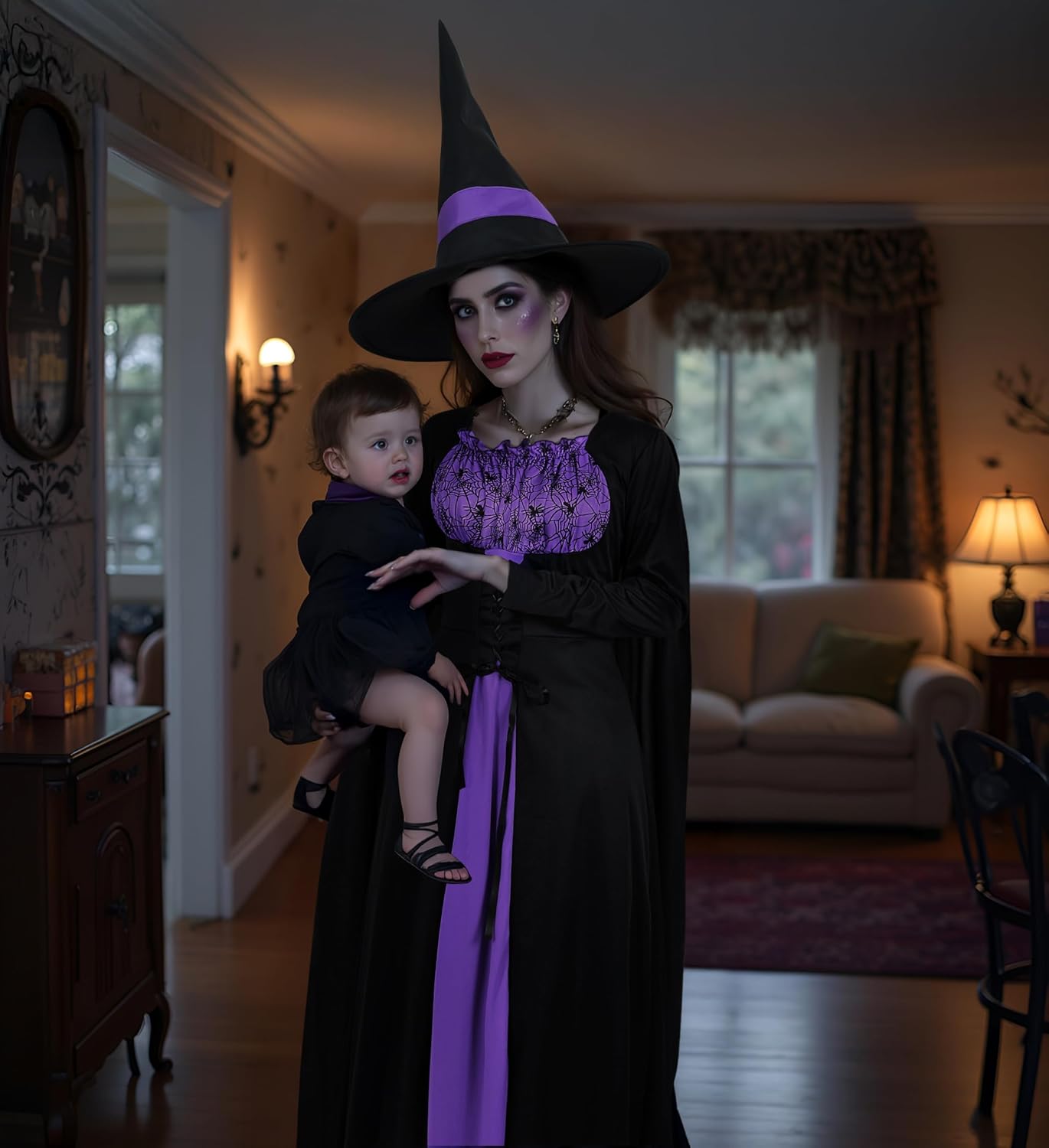 Women's Witch Costume Halloween Gothic Witch Dress with Witches Cape and Wicked Witches Hat