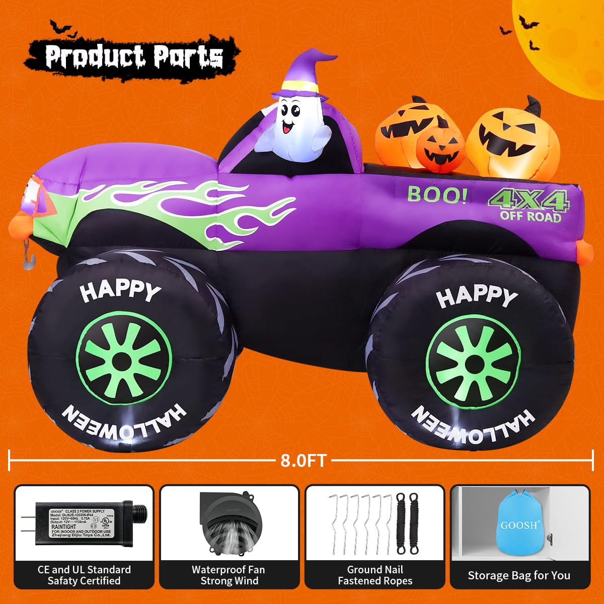GOOSH Halloween Inflatables 8 FT Inflatable Monster Truck with Built-in LEDs, Halloween Inflatable Truck with Blow Up Ghost Pumpkin, Outdoor Halloween Decorations for Holiday Party Indoor Outdoor