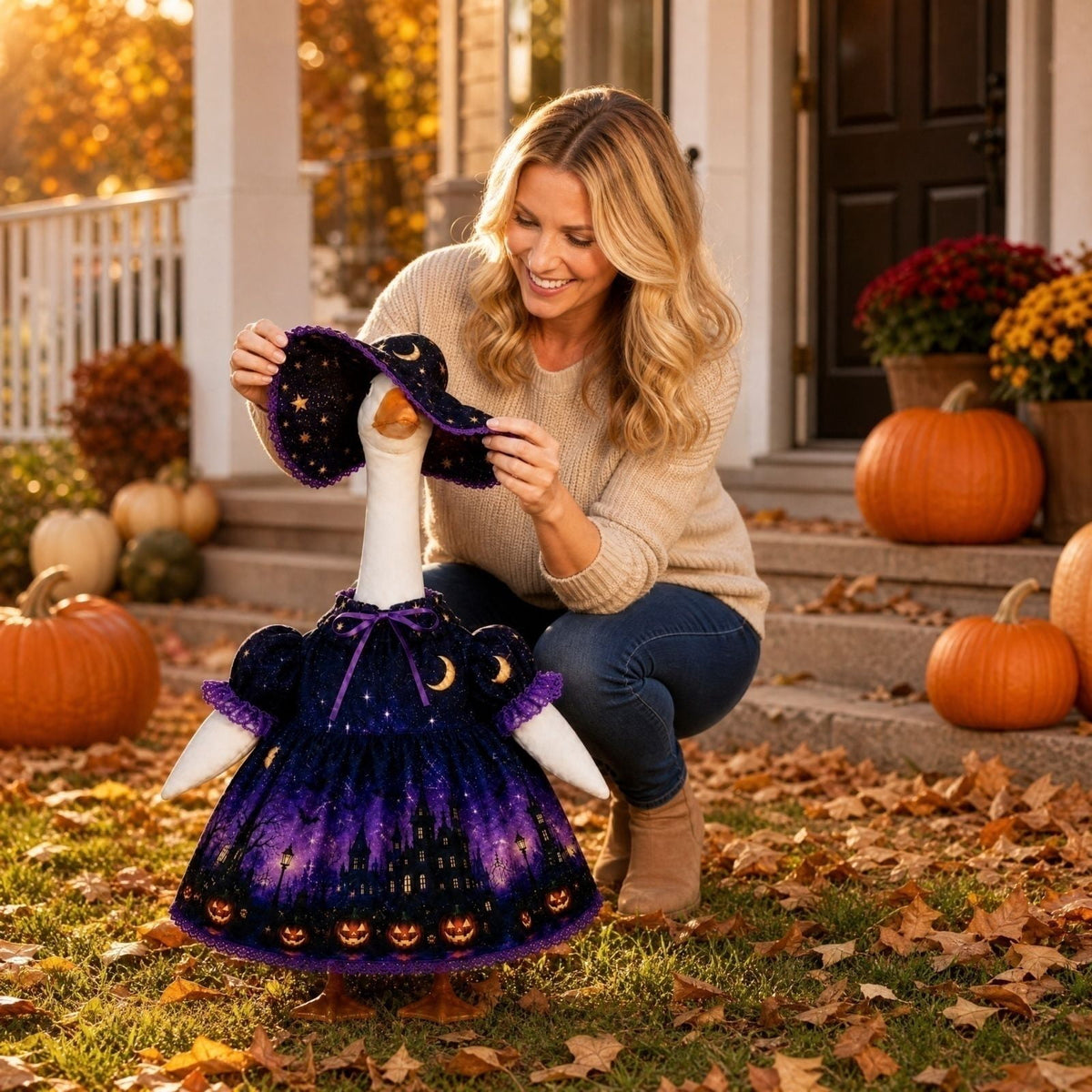 Bat Witch Hat Spiderweb Halloween Goose Clothes Fit 17/23In Cement Plastic Lawn Goose, Stylish Full Set for Outdoor Yard Patio Garden Seasonal Halloween Home Ornamental Arrangement