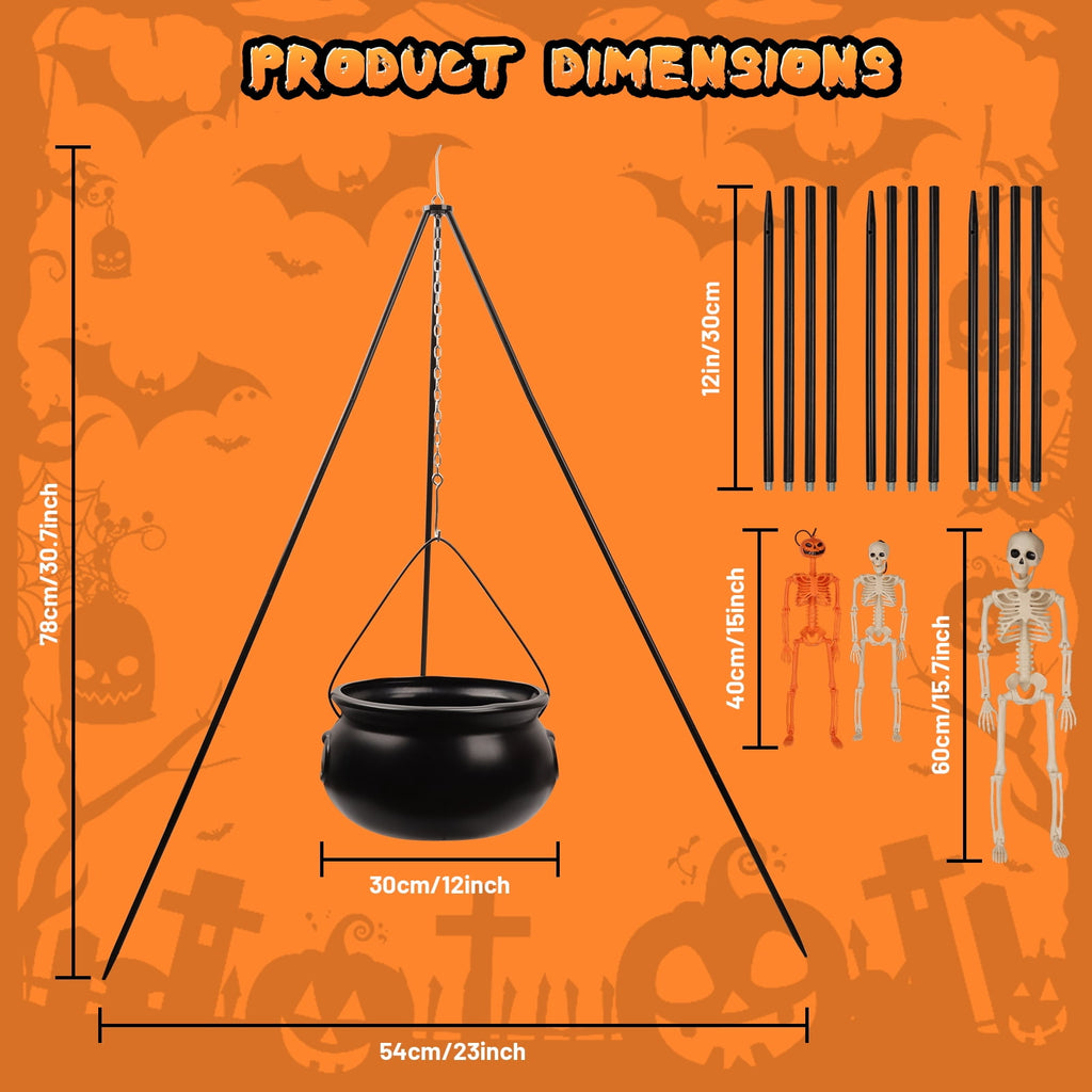 Halloween Decorations Bundle - 78cm/30.7" Witches Cauldron on 54" Tripod with Green LED Lights, 3pcs 40cm Skeleton, 60cm Skeleton, Skull Ornament, 4 Hooks - Indoor Outdoor Yard Porch Party Supplies