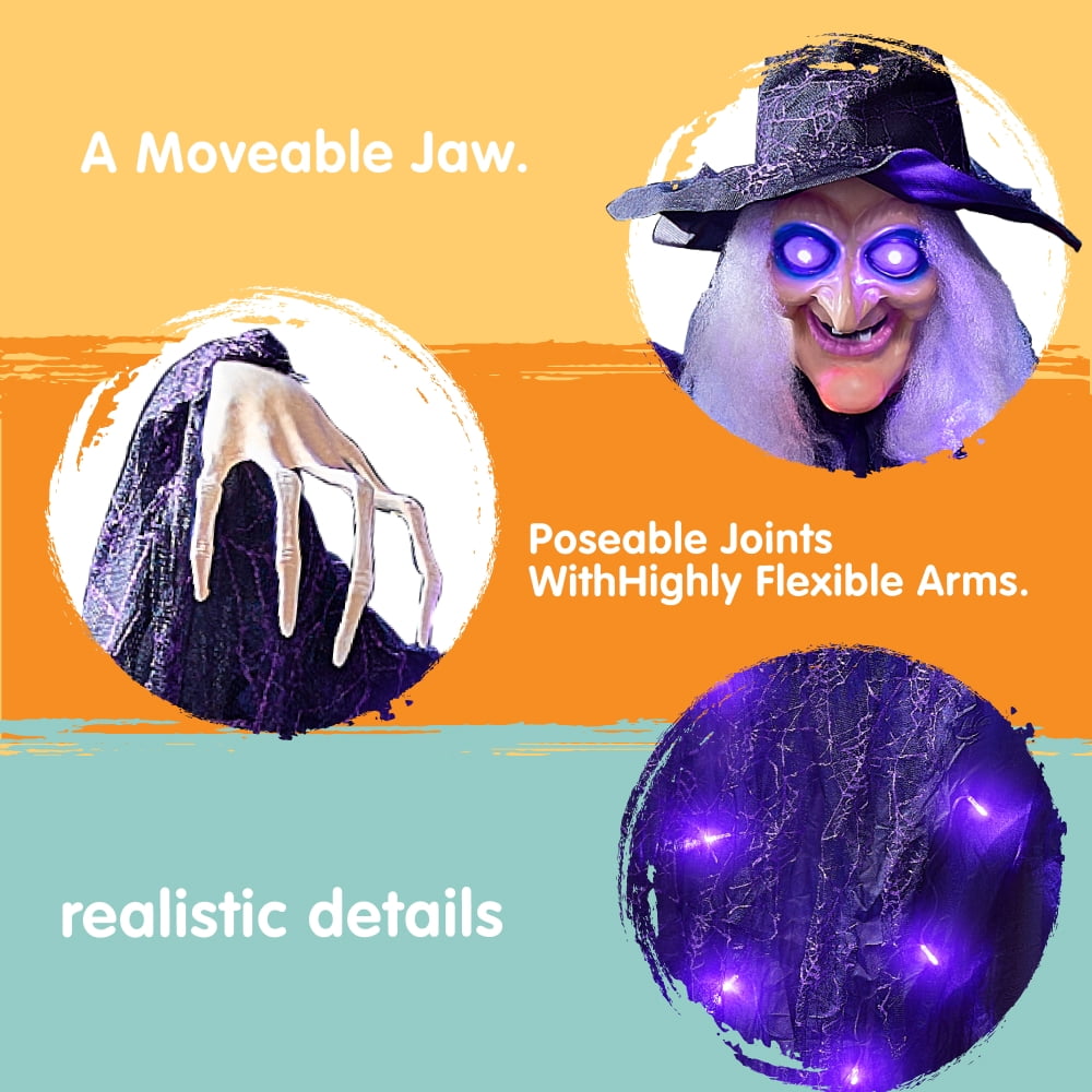 Joyfy 6ft Halloween Witch Decoration,Outdoor Scary Halloween Animatronic Hanging Witch with Light Up Eyes and Sound Decoration for Halloween Outdoor