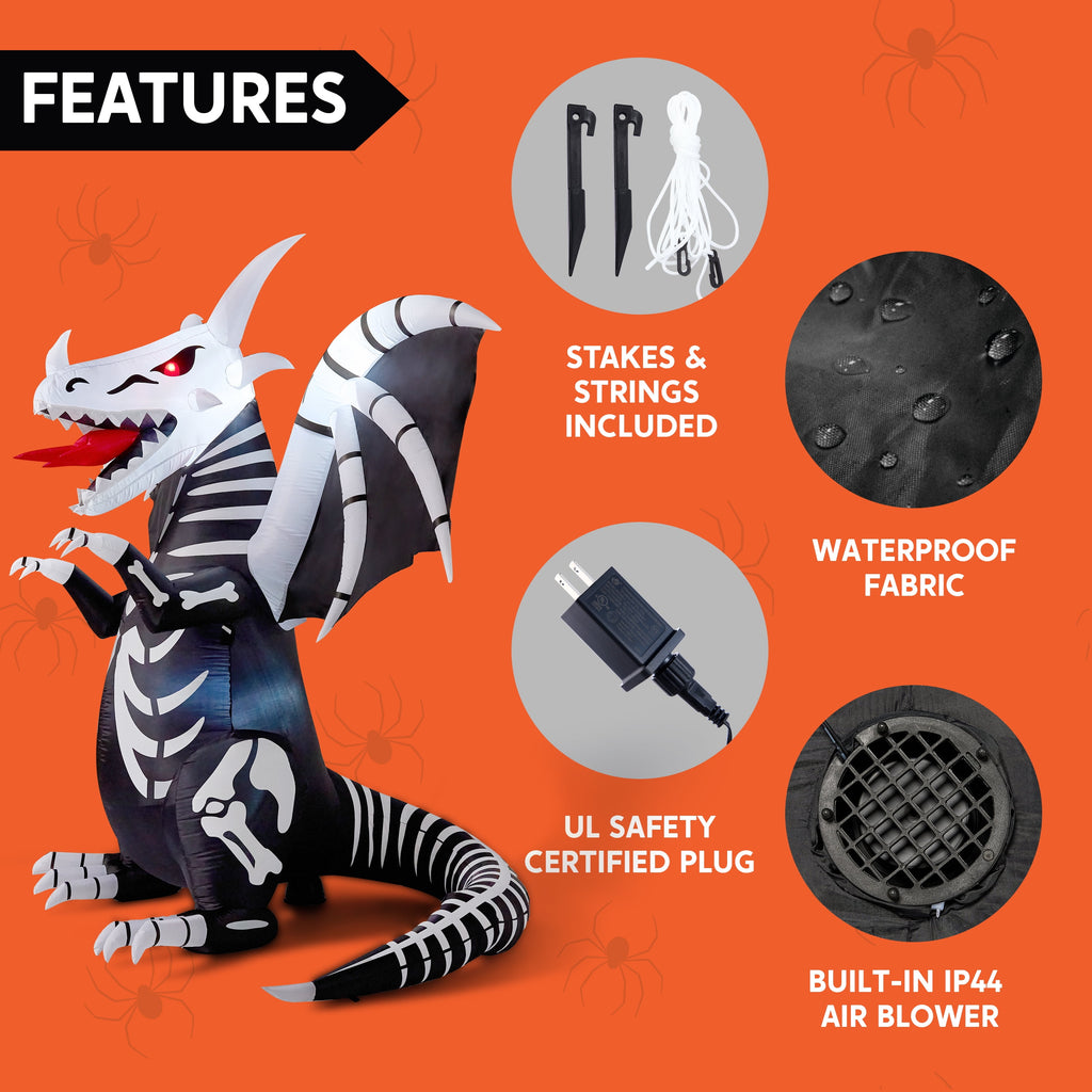 Joyfy 8 FT Halloween Inflatable Skeleton Dinosaur with Build-in LEDs Pumpkin Decorations,Halloween Outdoor Decorations Blow up Yard Decorations
