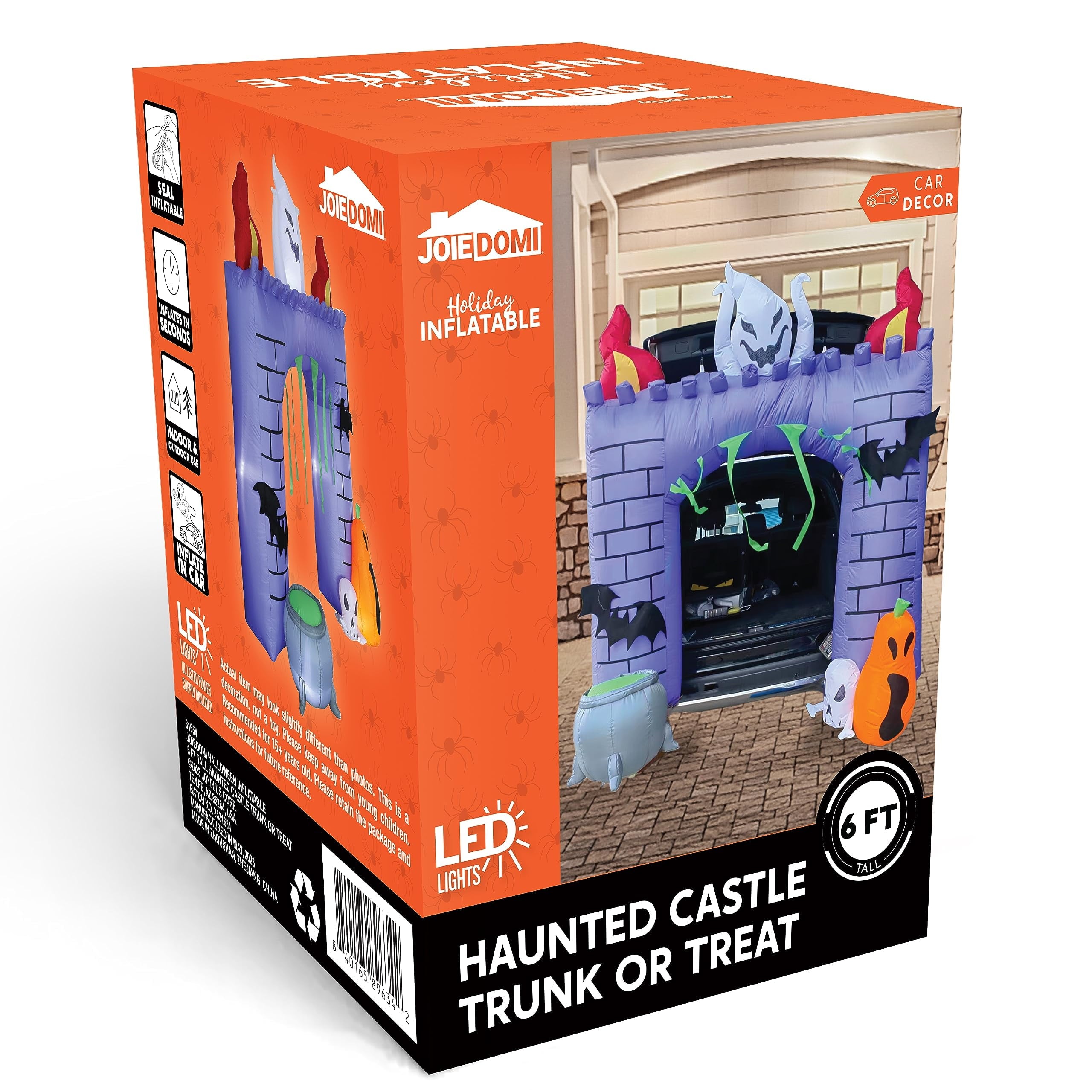 Joyfy 6 FT Halloween Inflatable Haunted Castle Decoration,Trunk or Treat Car Decorations Kit Ghost and Pumpkin with Built-in LED Light for Halloween Party Indoor,Outdoor,Yard,Garden Decor
