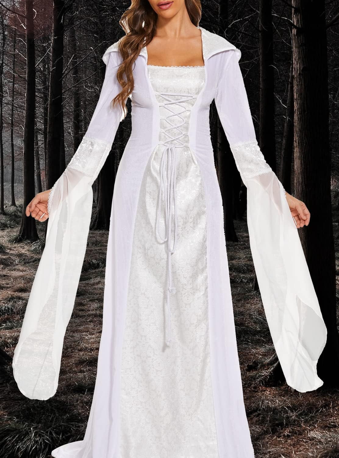 Halloween Witch Costume Women, Deluxe Witch Dress Costume, Vintage Embroidered Renaissance Gothic Hooded Vampire Gown Dress Cosplay Costumes Black M